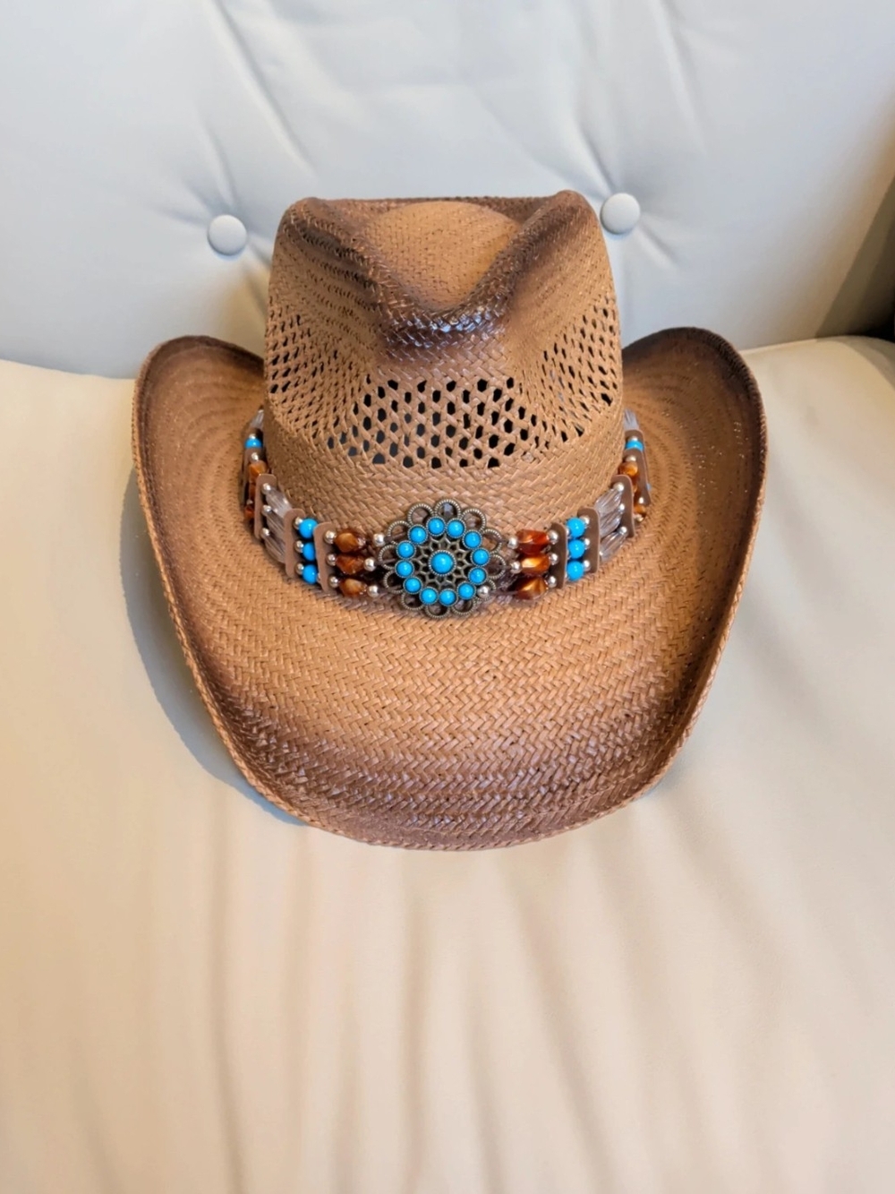 Brown Straw Western Cowboy Hat with Turquoise Beaded Band